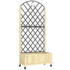 Natural wooden raised planter box with black diamond metal climbing trellis and wheeled base