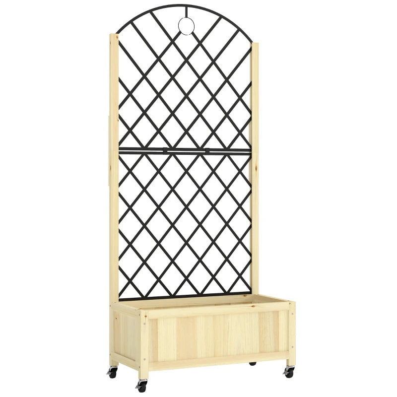 Natural wooden raised planter box with black diamond metal climbing trellis and wheeled base