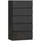 High-gloss black 5-drawer storage cabinet with smooth, handleless drawer fronts.