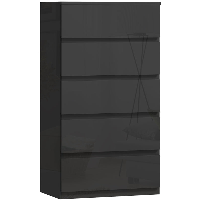 High-gloss black 5-drawer storage cabinet with smooth, handleless drawer fronts.