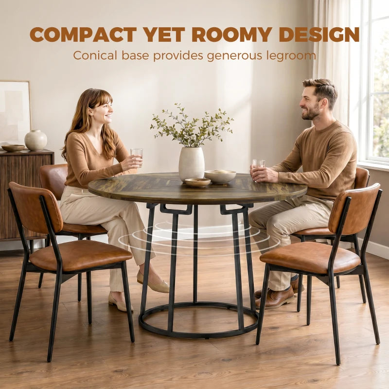 Compact round dining table with rustic woodgrain top and black conical metal base
