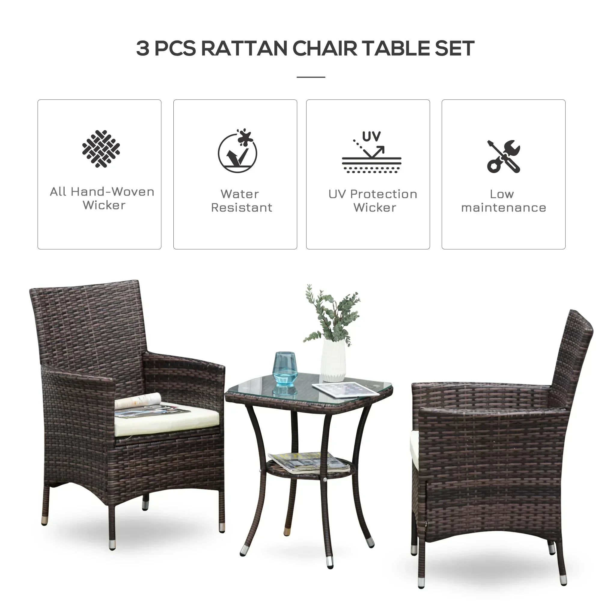 Three-Piece Rattan Chair Set, with Cushions - Brown - Bobobiy