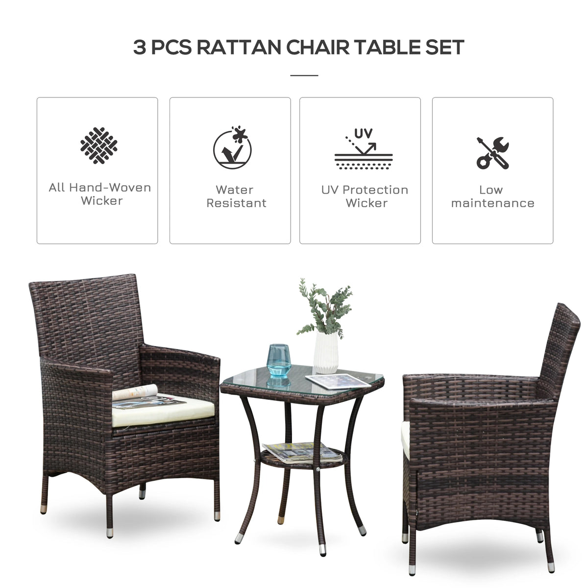 Three-piece brown rattan chair and table set with cream seat cushions