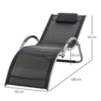 Black reclining lounge chair with padded headrest, curved arms, and support frame