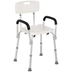 White adjustable shower chair with backrest and black curved armrests, padded seat