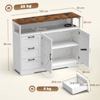 White farmhouse sideboard shown open: drawers, barn doors, and cabinet shelves