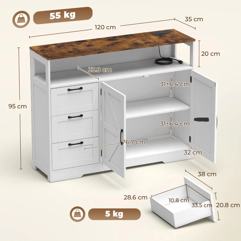 White farmhouse sideboard shown open: drawers, barn doors, and cabinet shelves