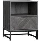 Dark grey bedside table with open shelf, front drawer, and steel legs.