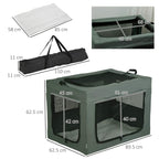 Grey pet carrier with mesh panels and zipper doors; shown with size measurements.