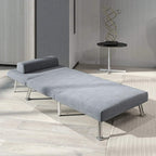 Grey single sleeper chair in extended lounge position with long padded seat