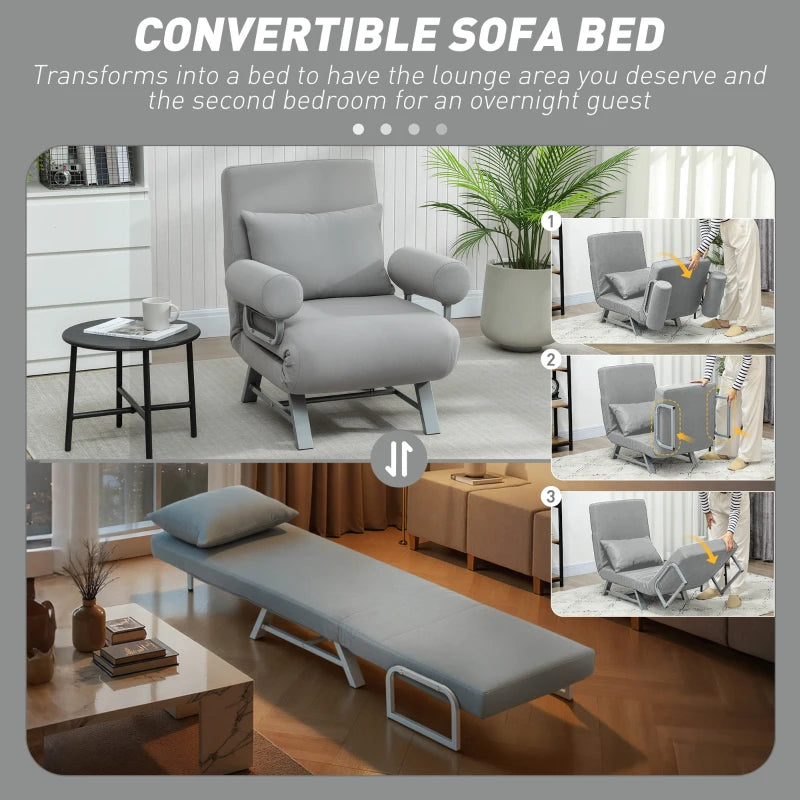 Light grey convertible sofa bed chair in living room with tall padded backrest