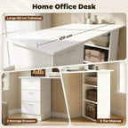 White computer desk with 3 storage drawers and 3-tier open shelves underneath