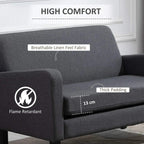 Charcoal grey loveseat with thick padded arm and seat cushions