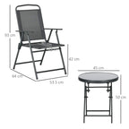 Dark grey folding garden chair and round folding table with size measurements