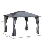 Grey hardtop gazebo with curtains, shown with size measurements: 3.6 m x 3 m