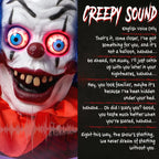 Close-up creepy clown face with glowing red eyes and blue hair