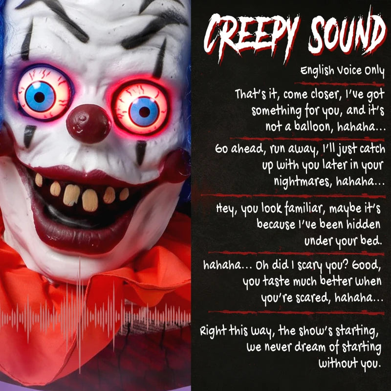 Close-up creepy clown face with glowing red eyes and blue hair