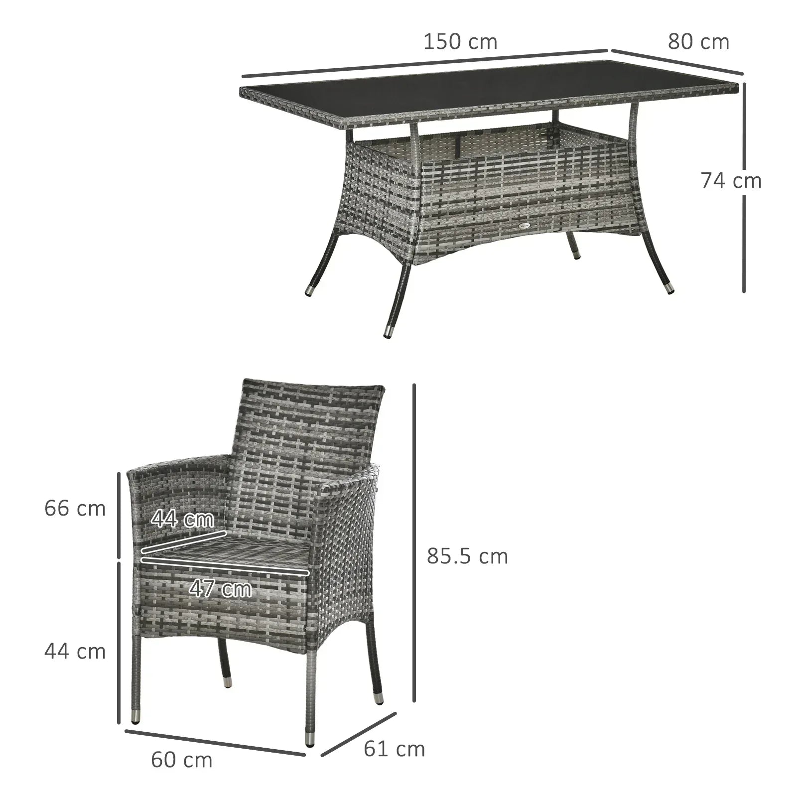 7-Piece Rattan Garden Furniture Set with Cushions, 6 Seater Garden Table and Chairs, Rattan Dining Set with 6 Armchairs, Rectangular Glass Top Table, Grey - Bobobiy