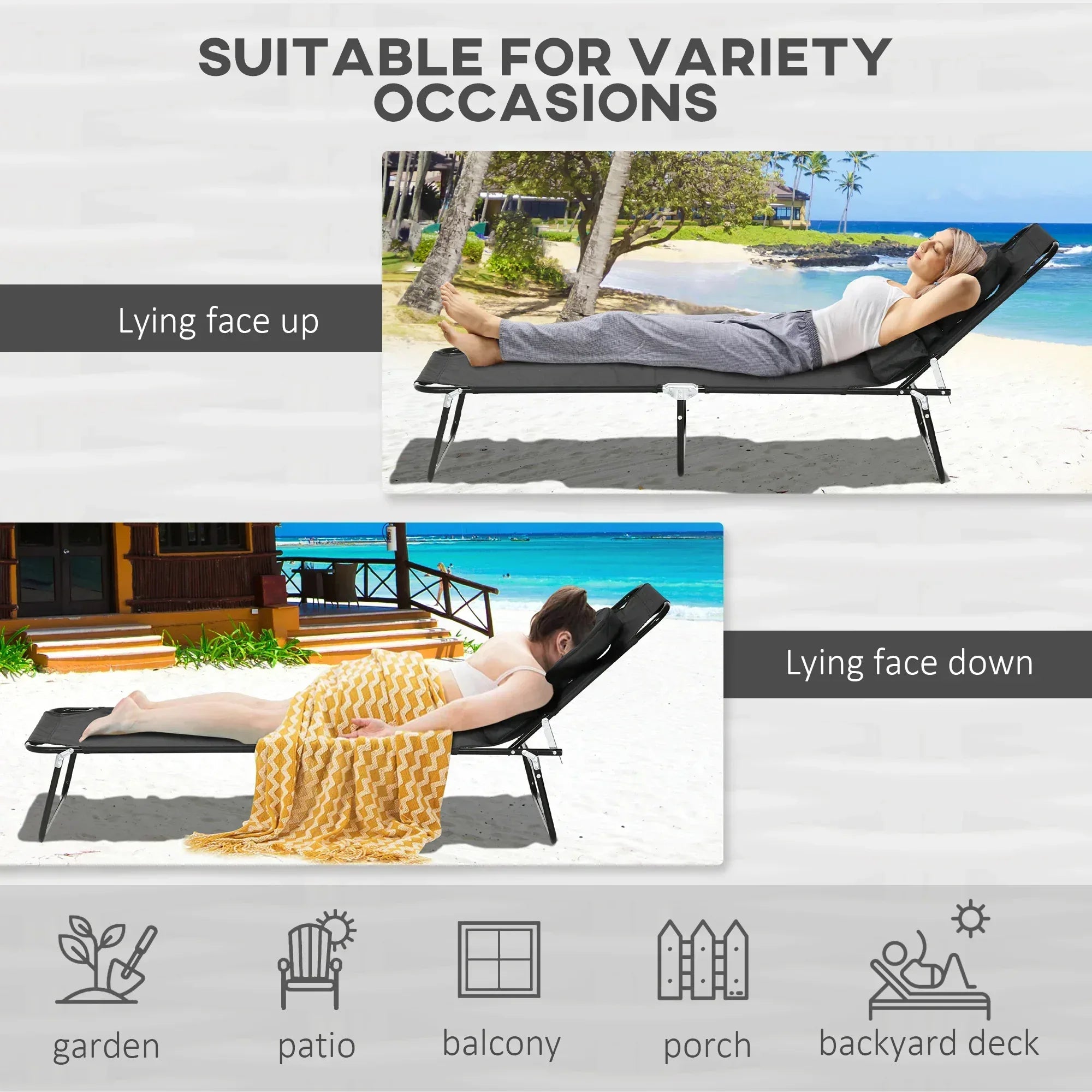 Folding Sun Loungers Set of 2 with Face Hole, 4-Position Adjustable Backrest Garden Recliner Chairs Sunbeds, Outdoor Lounge Chairs with 600 D Oxford Cloth Seat, Pillow for Beach, Black - Bobobiy
