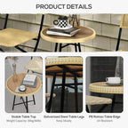Round woven rattan tabletop with thick black metal legs and edge detail