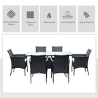 Black rattan dining set showing 6 cushioned armchairs and glass-top table
