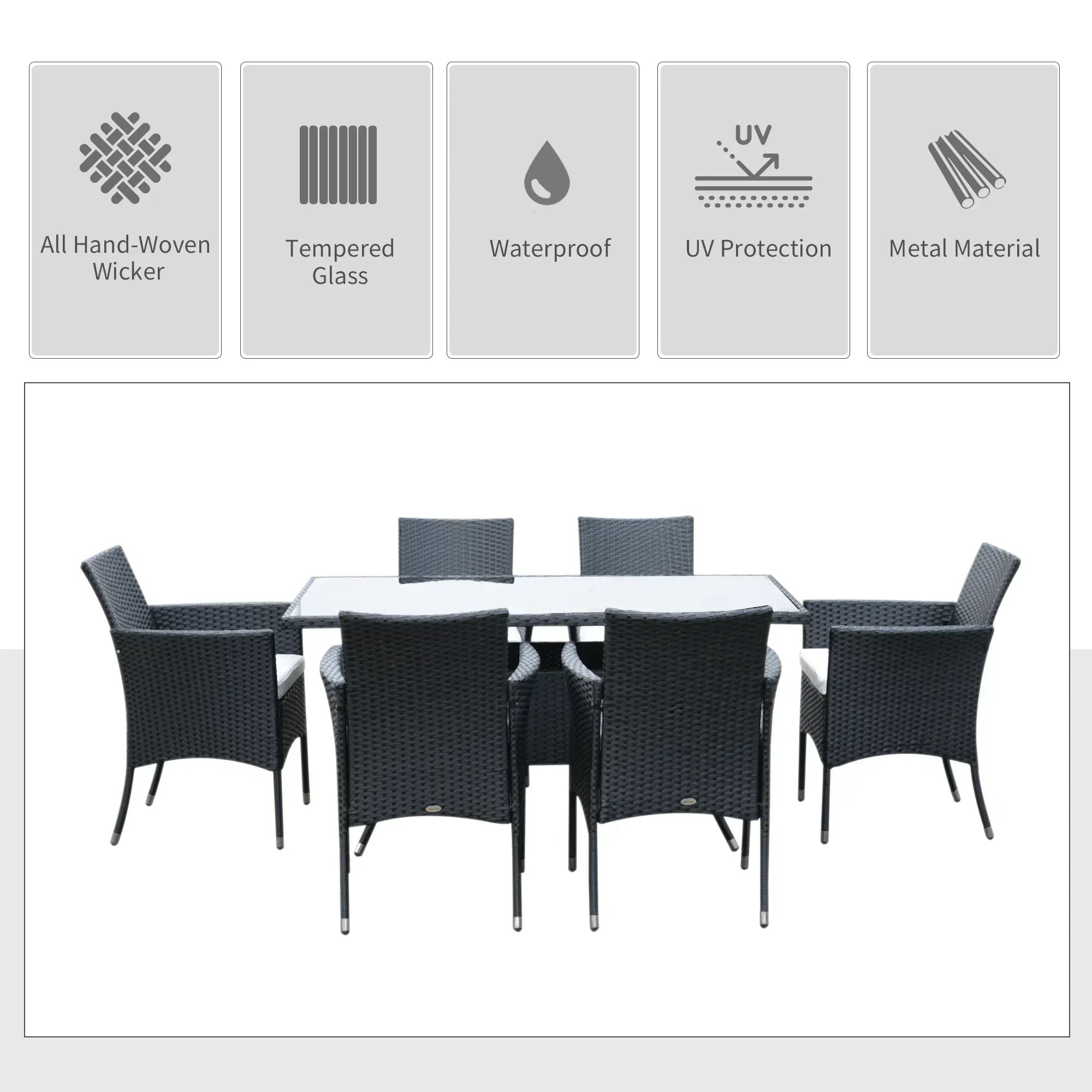 6 Seater Rattan Dining Set with Cushions, Rattan Garden Furniture Set with 6 Armchairs, Rectangular Glass Top Table, Outdoor Dining Table and Chairs, Black - Bobobiy