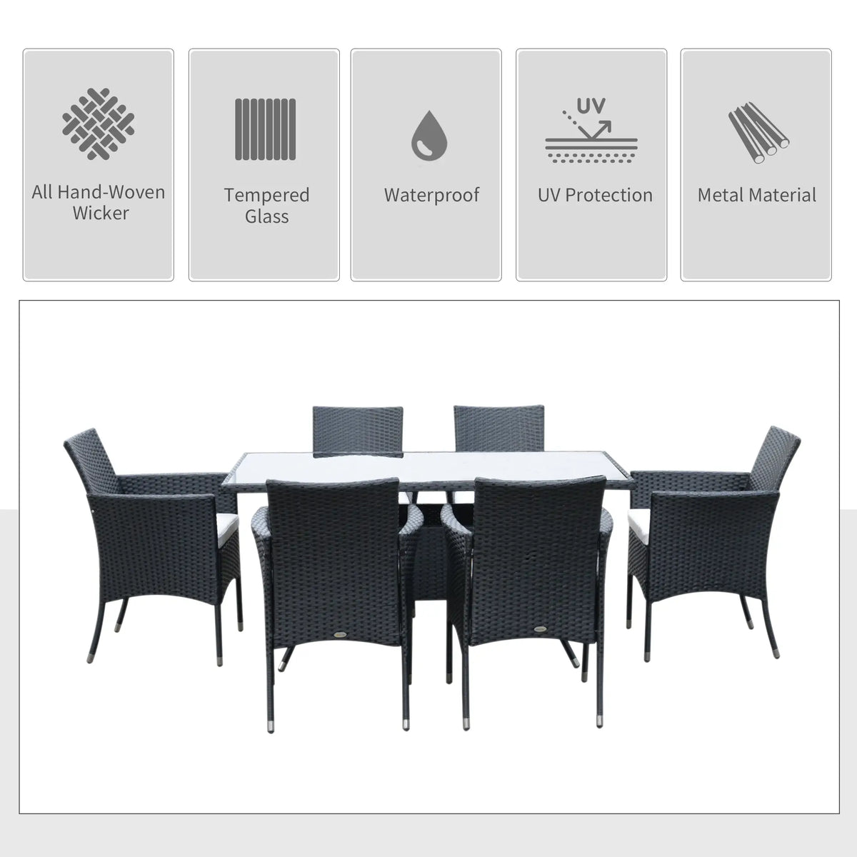 Black rattan dining set with glass-top table and six armchairs