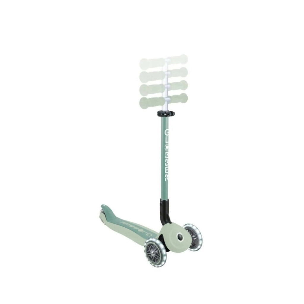 Pistachio mint scooter with tall handlebar and dual front wheels, side angle
