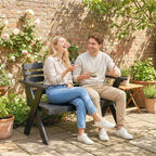 Black slatted wooden 2-seat garden bench with armrests and backrest
