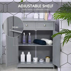 Grey bathroom cabinet with open doors showing adjustable shelf and storage compartments