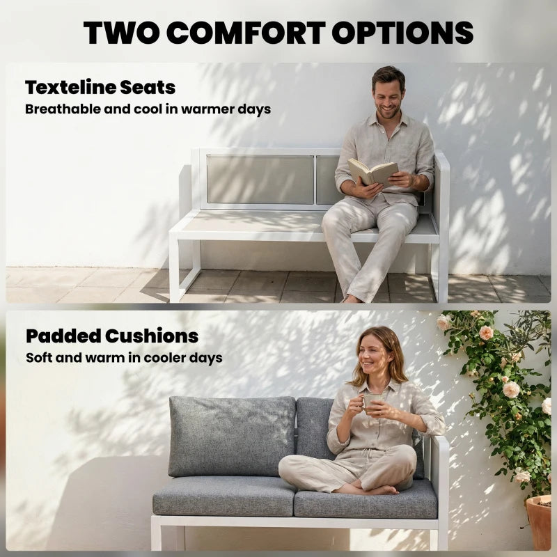 Grey cushioned sofa seating with white metal frame and padded back cushions