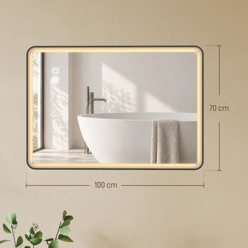 Black-framed rectangle LED bathroom mirror, wall-mounted with 100 x 70 cm markings