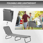 Grey foldable lightweight sun lounger shown open and folded with side handles