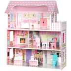 Pink 3-level modern dollhouse with balcony railing and multiple furnished rooms.