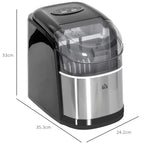 Black countertop ice machine with transparent lid and stainless steel base, shown with dimensions