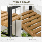 Plant stand frame detail, black metal supports and light wood slat shelves
