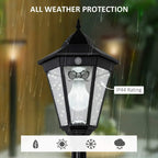 Black lantern-style outdoor solar lamp with clear glass panels