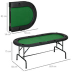 Green felt oval poker table with black folding metal legs and round cup-holder ports