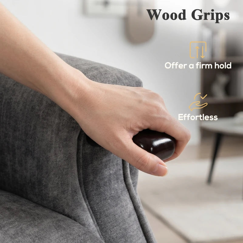 Close-up of light grey recliner arm with dark wood-grip handle