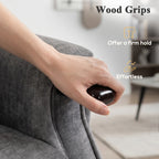 Close-up of light grey recliner arm with dark wood-grip handle