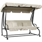 Cream three-seat swing chair bed with canopy, padded cushions, and two pillows.
