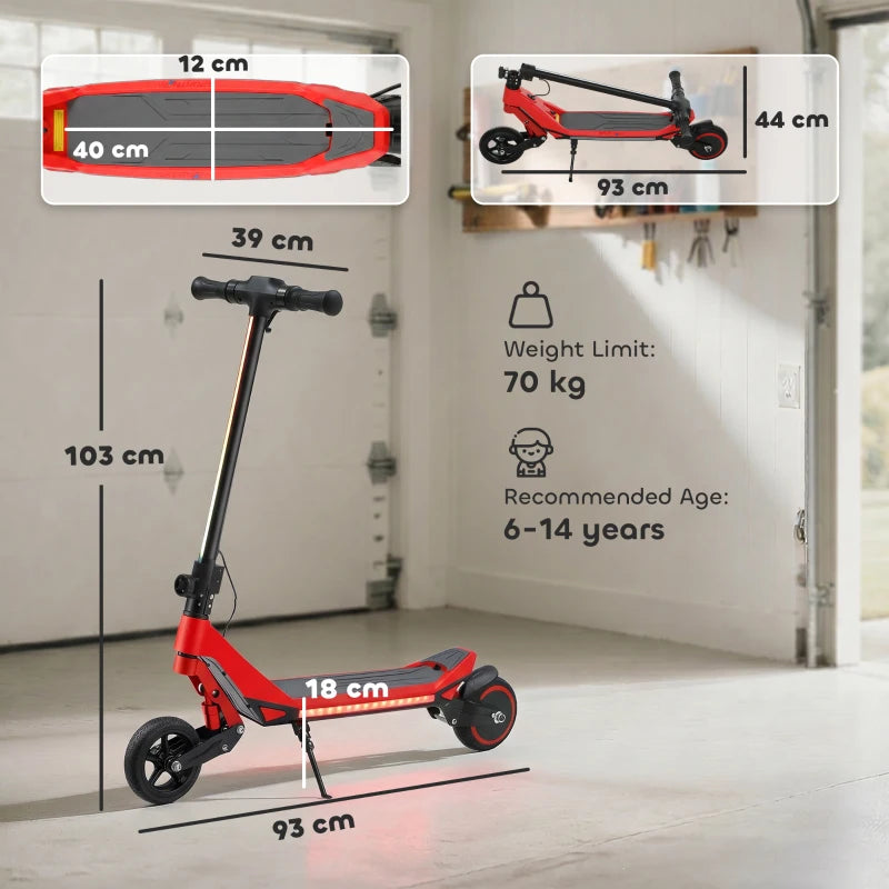Red electric kids scooter showing folded base and compact frame