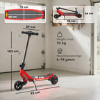 Red electric kids scooter showing folded base and compact frame