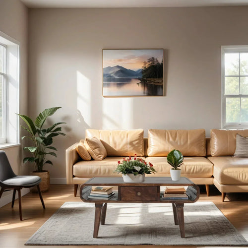 Dark mango wood coffee table with drawer, shown in a living room setting
