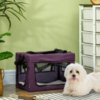 Purple collapsible pet carrier with mesh doors and light fleece cushion, ready for a small dog