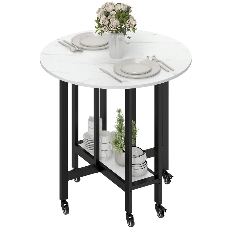 White marble folding dining table with drop leaf top, open shelf, and rolling casters
