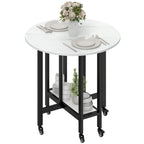 White marble folding dining table with drop leaf top, open shelf, and rolling casters