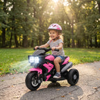 Pink and black 3-wheel ride-on motorcycle toy with child riding and front LED headlight.