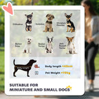 Pet stroller suitability chart showing small dog sizes with breed illustrations and measurements