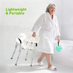 White portable shower chair with backrest and black armrests, compact and lightweight